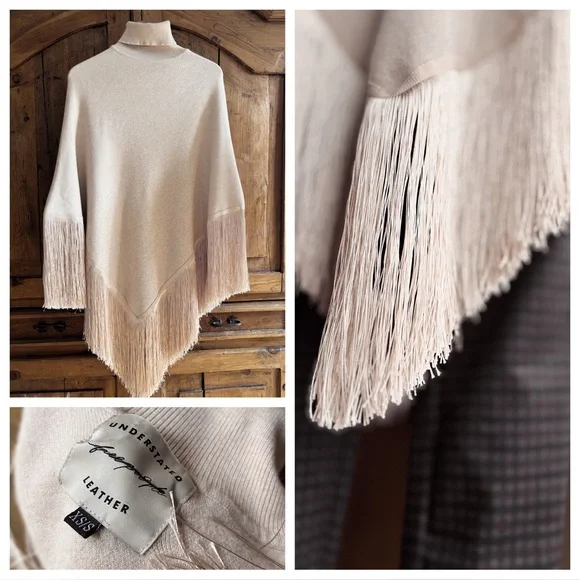 Free People Fringy Poncho S NWT Tan CreamLuxe Boho Winter Layer